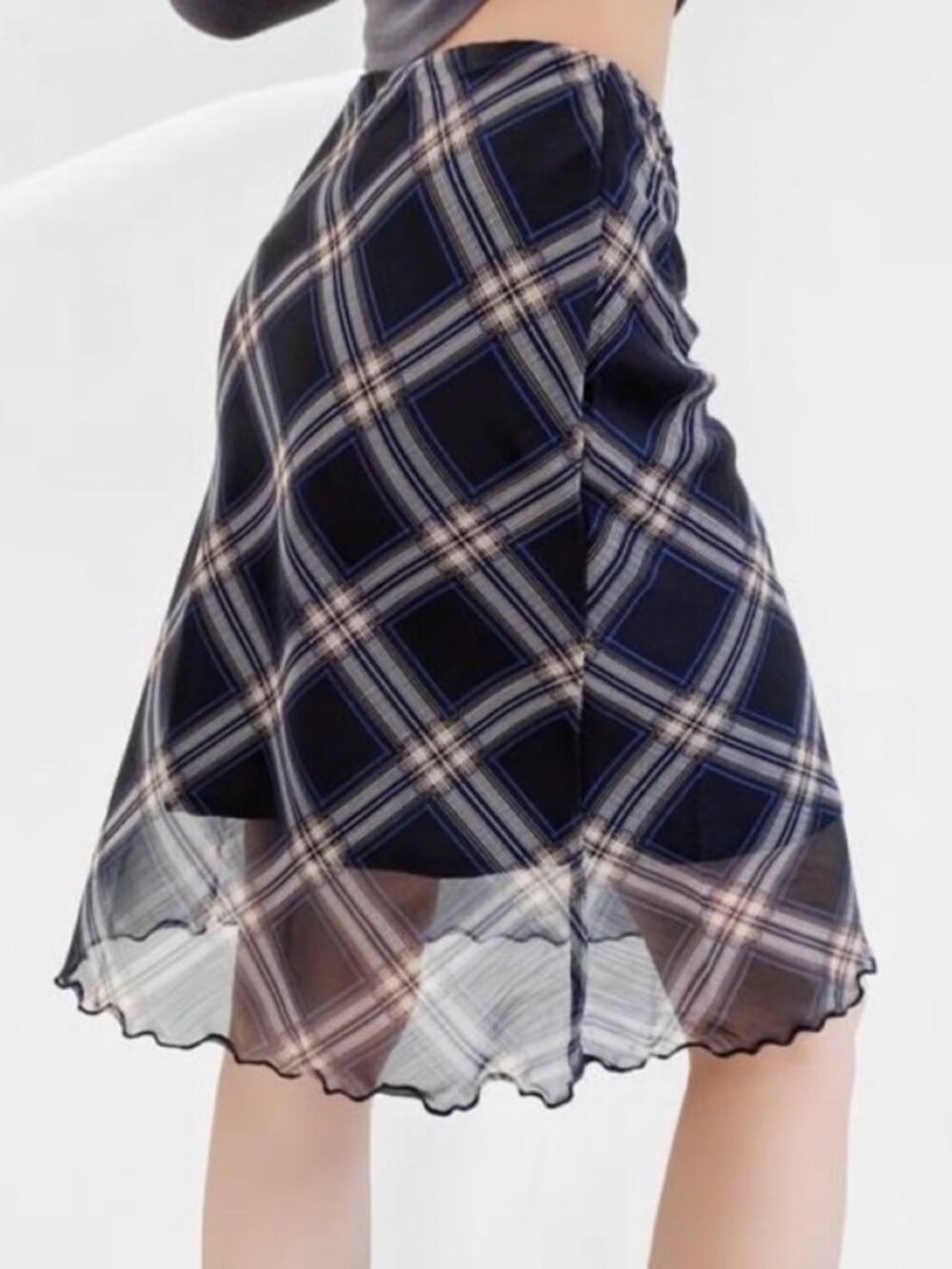 Blue White Beige Plaid Mini Skirt S